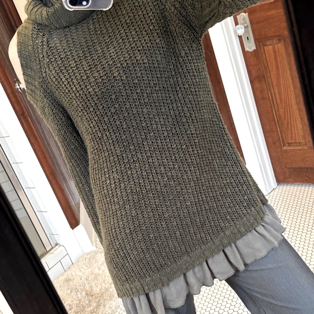 Easel Olive Green Knitted Cowl Turtle Neck Cold Shoulder Sweater